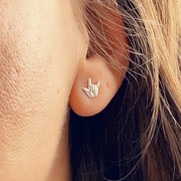 Sterling Silver I Love You ASL Sign Simple Stud Earrings - Picture 10 of 14